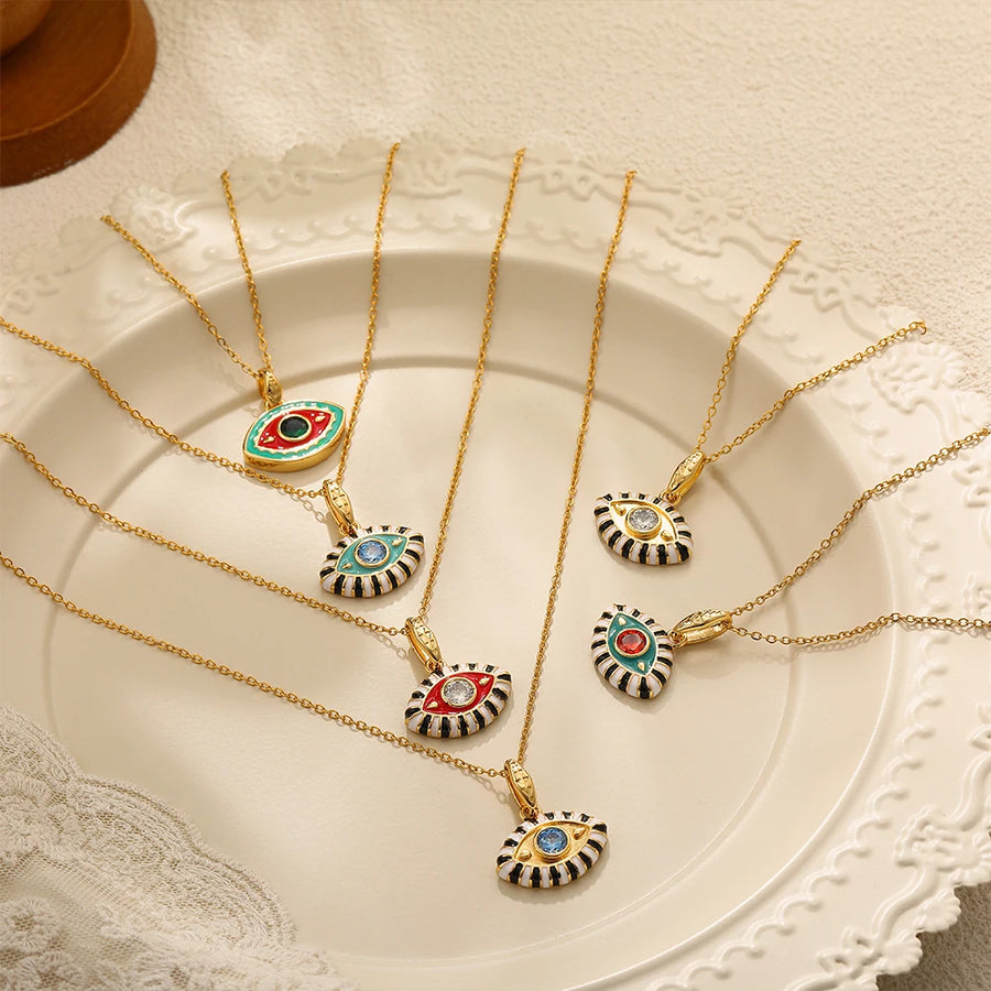 Collar con Colgante de Ojo del Diablo de Acero Inoxidable con Zirconia Hexacolor y Esmalte, Amuleto de Ojo Turco para Mujer, Joyería Retro de Moda, Regalo