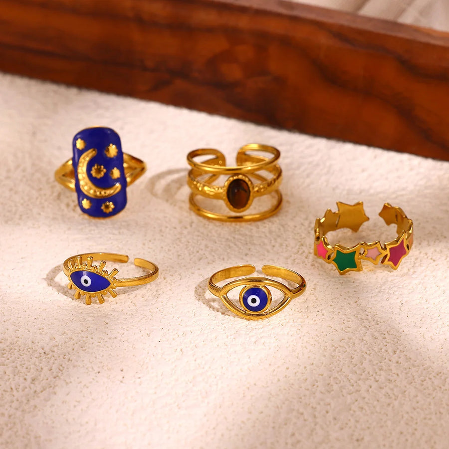 Anillo Ojo Turco Estrella y Luna Retro