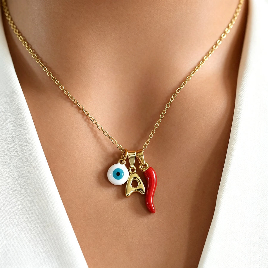 Collar de Amuleto Ojo Turco, Collar de Chile Rojo, Collar Personalizado con Inicial de Letra para Mujer