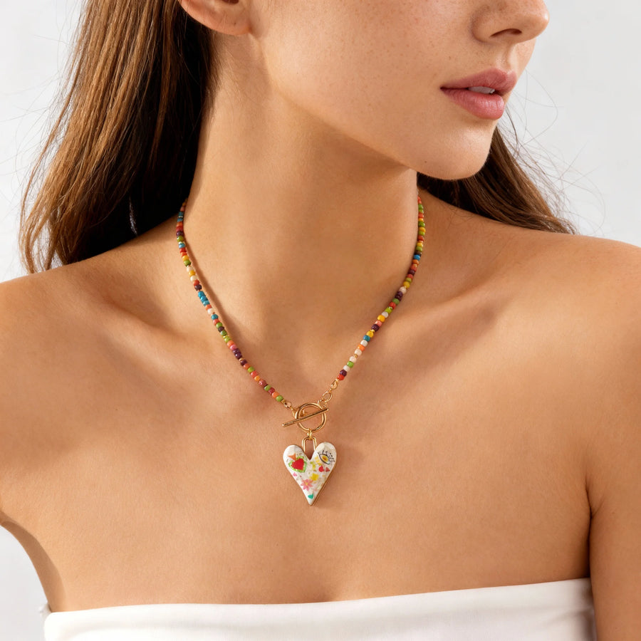Collar con Cuentas de Piedra Natural Coloridas y Delicadas, con Cierre OT, para Mujer, Diseño Único de Corazón, Flor, Ojo Turco, Cadena de Circonio, Joyería para Fiesta, Regalo