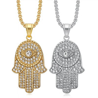 Collar con Colgante de Mano de Fátima Hamsa de Acero Inoxidable con Circonitas y Ojo Turco, Estilo Hip Hop Iced Out Bling, para Mujer y Hombre, Regalo de Joyería