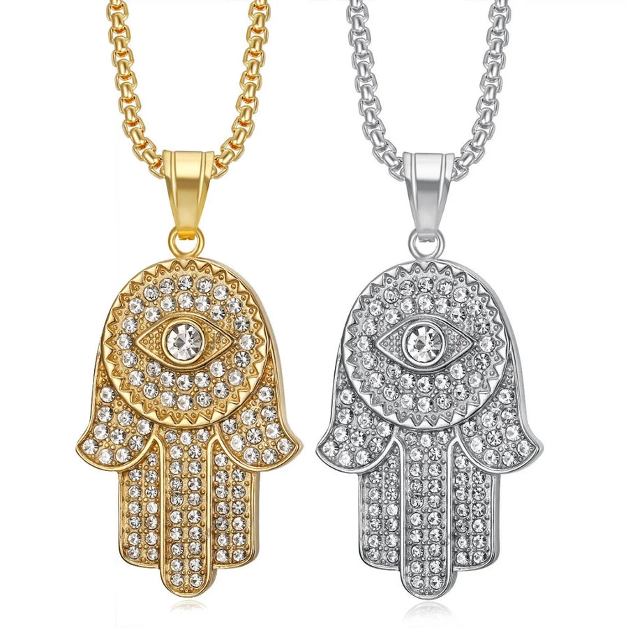 Collar con Colgante de Mano de Fátima Hamsa de Acero Inoxidable con Circonitas y Ojo Turco, Estilo Hip Hop Iced Out Bling, para Mujer y Hombre, Regalo de Joyería