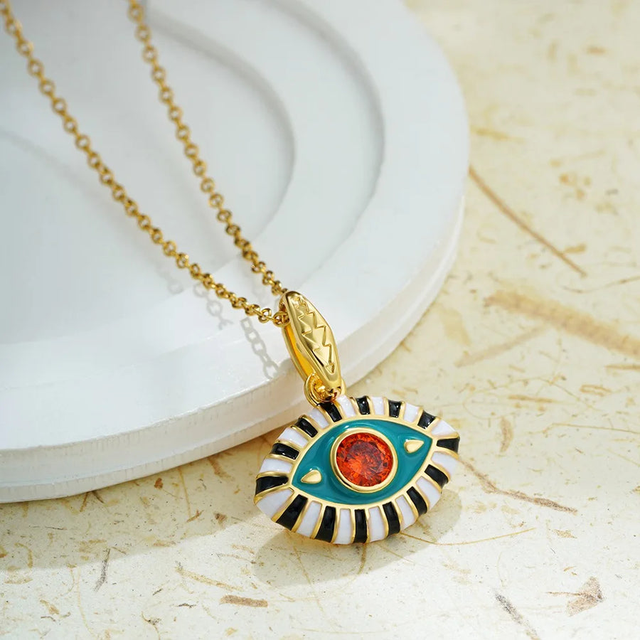 Collar con Colgante de Ojo Turco de Acero Inoxidable con Esmalte Multicolor y Circones, Chapado en Oro de 18K, Gargantilla para Mujer