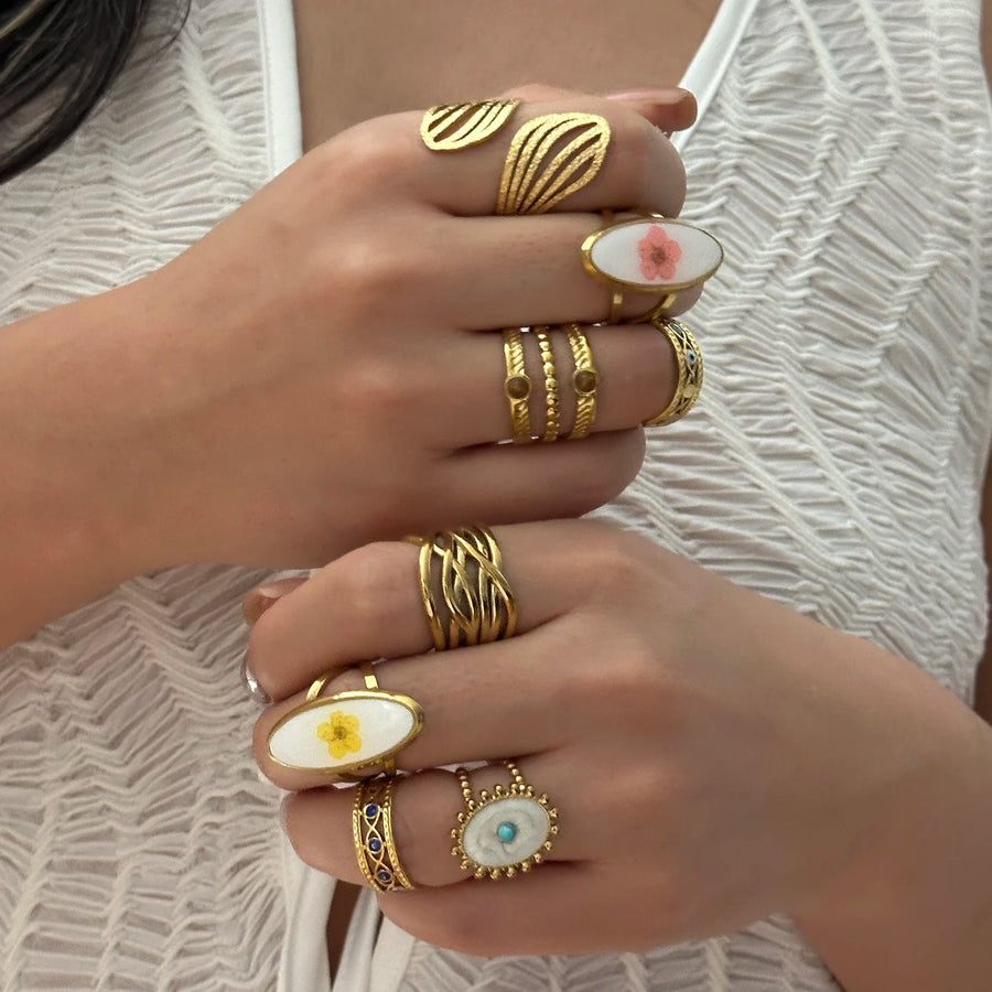 Anillo Ojo Turco Flores y Hojas Apilable