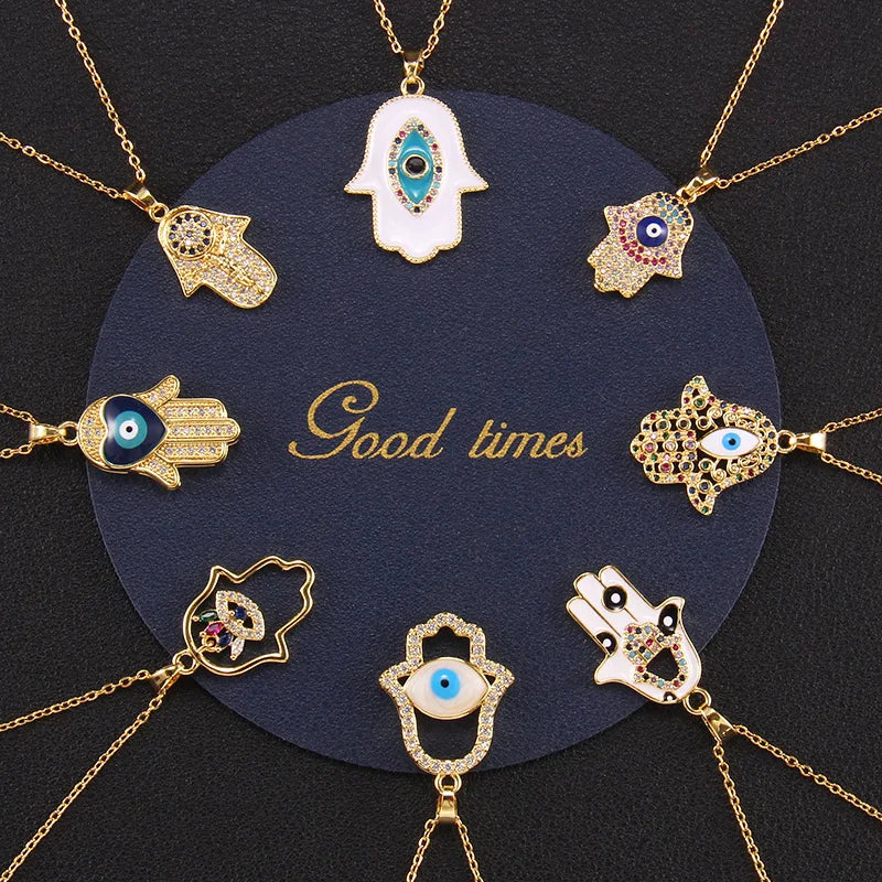 Nuevo Collar turco de ojo del diablo para hombres y mujeres, placa dorada, gota de aceite de palma, colgante de Fátima