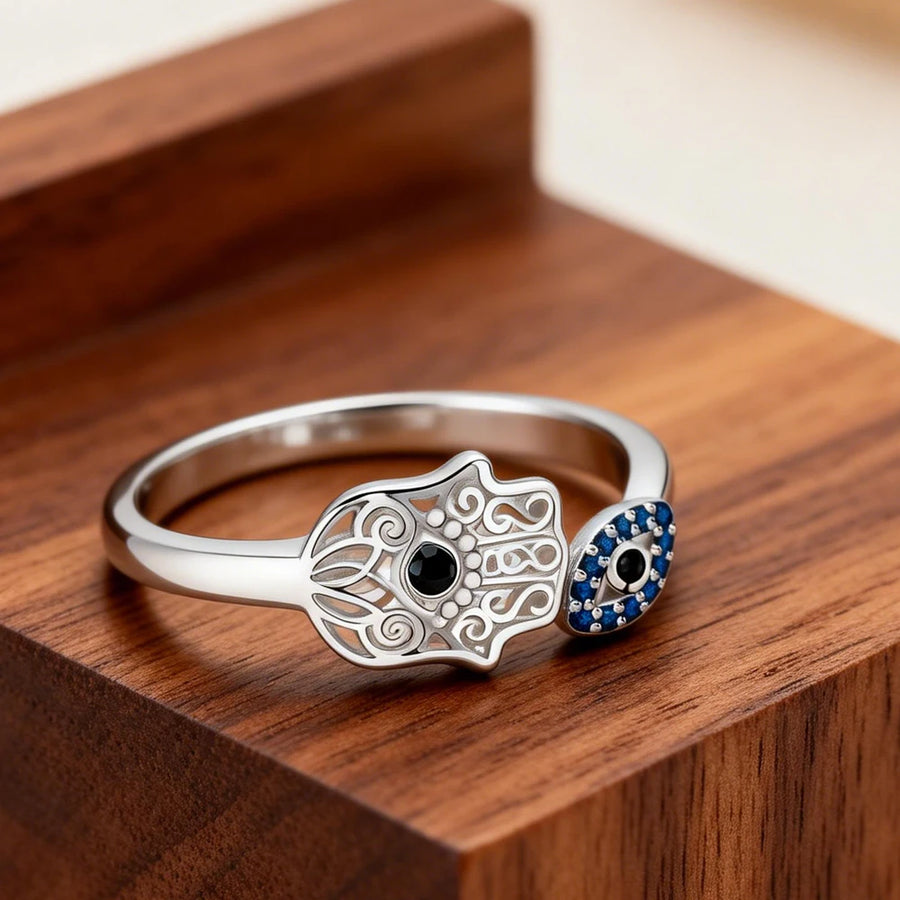 Anillo Apilable Mano de Fátima, Loto y Ojo Turco