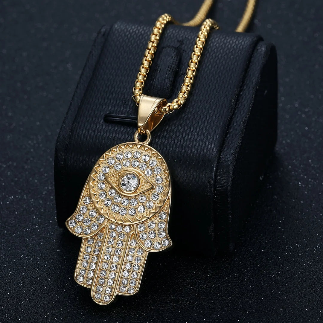 Collar con Colgante de Mano de Fátima Hamsa de Acero Inoxidable con Circonitas y Ojo Turco, Estilo Hip Hop Iced Out Bling, para Mujer y Hombre, Regalo de Joyería