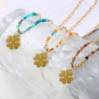 Collar con colgante de ojos malvados de cruz de piedra Natural hecho a mano Bohemia para mujer, cuentas de arroz de acero inoxidable, collar de clavícula