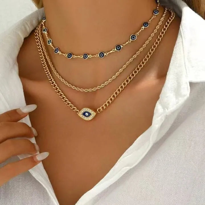 Collar Clásico con Colgante para Mujer, Microcirconitas, Ojo Turco de la Suerte, Cruz de Palma, Perla, Cadena Metálica Multicapa, Joyería