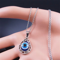 Collar con colgante de ojo azul malvado turco para mujeres y hombres, amuleto de ojos de la suerte de Color plateado de acero inoxidable, joyería de protección N8022S01