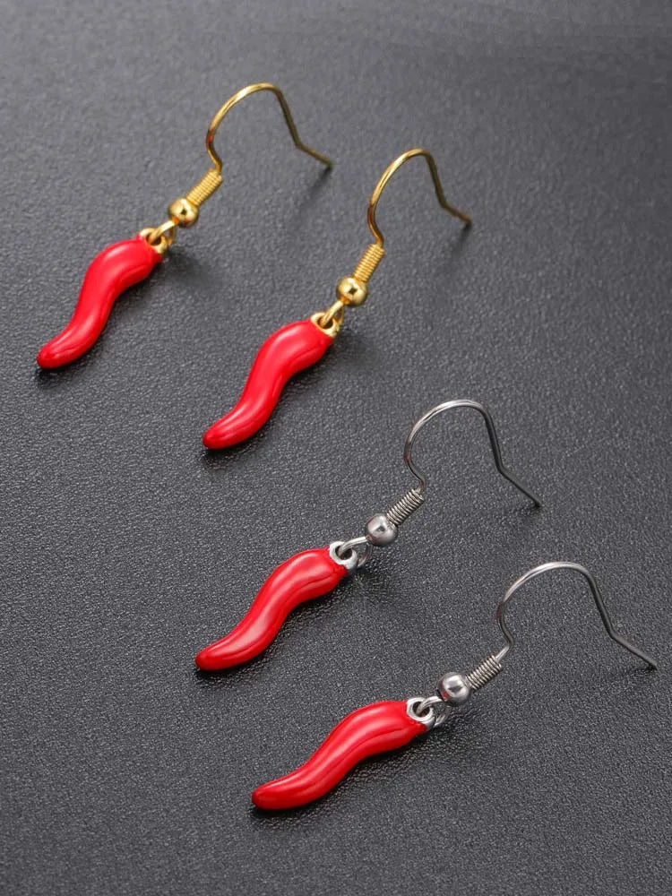 Pendientes de Aro con Forma de Chile Rojo Italiano Cornicello, Regalo para Mujeres y Hombres, Color Dorado, Acero Inoxidable