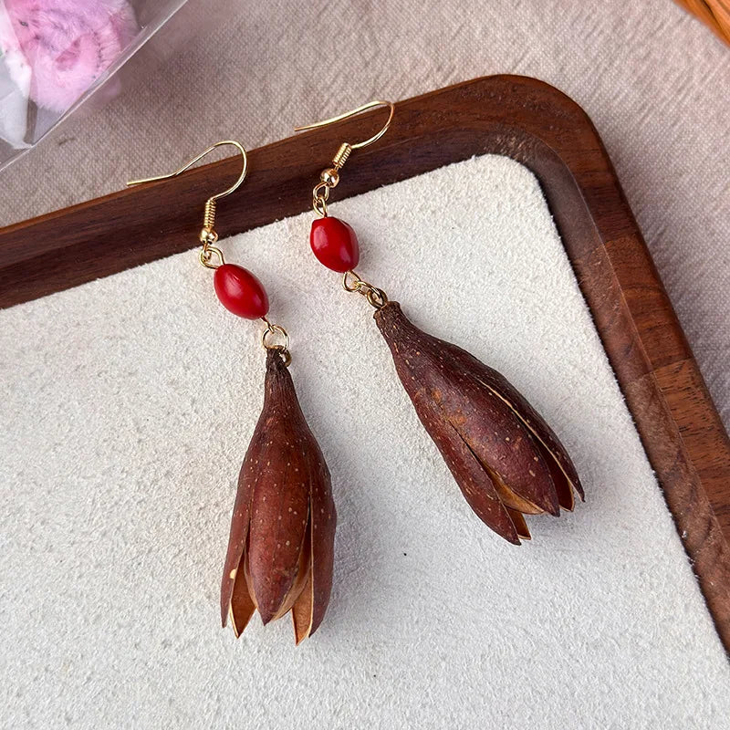 Pendientes colgantes geométricos trenzados de madera con dije de fruta, estilo neo-chino, bohemio, para vacaciones, ligeros, hechos a mano, marrón tierra