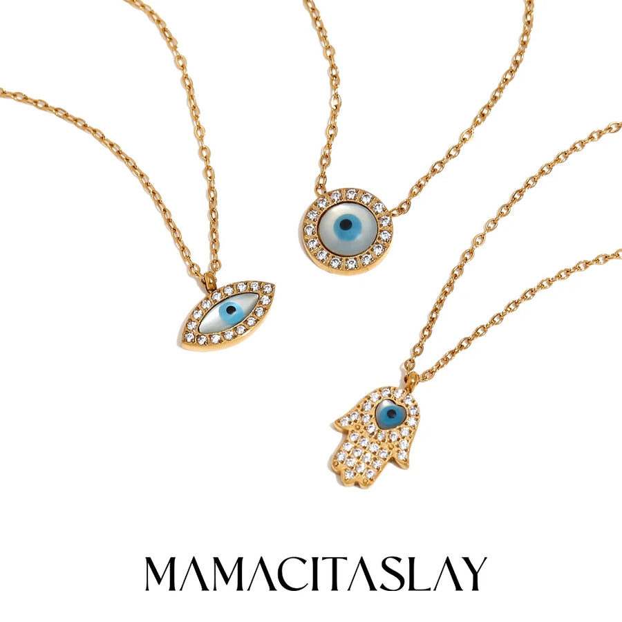 MamacitaSlay elegante palmera redonda ovalada colgante de mal de ojo collar de acero inoxidable 316L para mujer regalos para mujer joyería chapada en oro