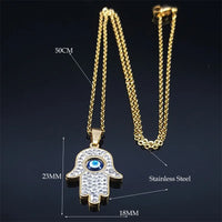 Collar de mano de Fátima de ojo griego para mujeres y hombres, cadena de protección de ojos azul malvado turco de acero inoxidable, joyería islámica N8041S01