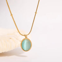 Collar con colgante de piedra verde para mujer, minimalista y de lujo, chapado en oro Natural, acero inoxidable, forma ovalada, ojo de gato