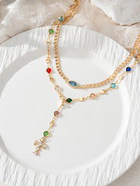Collar de cruz y mal de ojo de circonita cúbica colorida en capas: cadena de gota en forma de Y, joyería llamativa en tono dorado para mujeres, banquetes