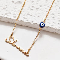 Collar personalizado con nombre de globo ocular azul, placa de identificación de acero inoxidable, regalo de Talismán malvado para mujer