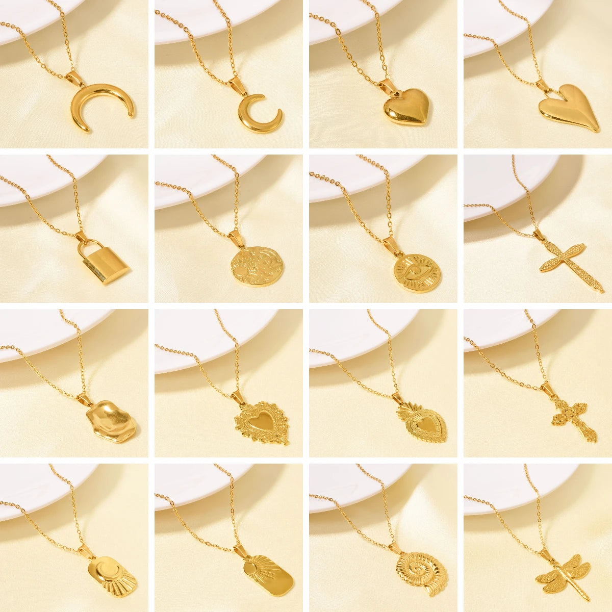 Nuevo collar dorado de acero inoxidable, luna creciente, mal de ojo, corazón, cruz, libélula, sol, luna, colgantes, collar, dijes de joyería para mujer