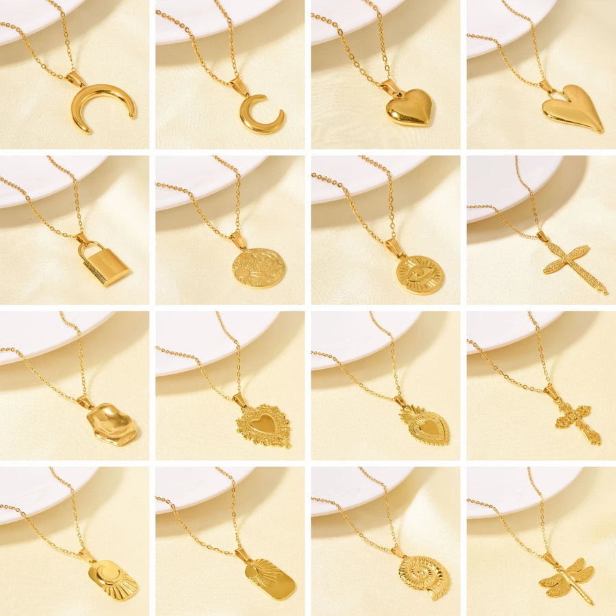 Nuevo collar dorado de acero inoxidable, luna creciente, mal de ojo, corazón, cruz, libélula, sol, luna, colgantes, collar, dijes de joyería para mujer
