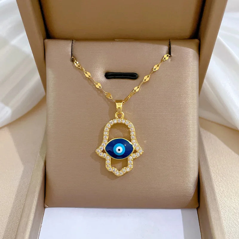 Collar de mujer con circonita cúbica, ojo de demonio turco azul, mano de Hamasa, mano de Fátima de acero inoxidable, joyería