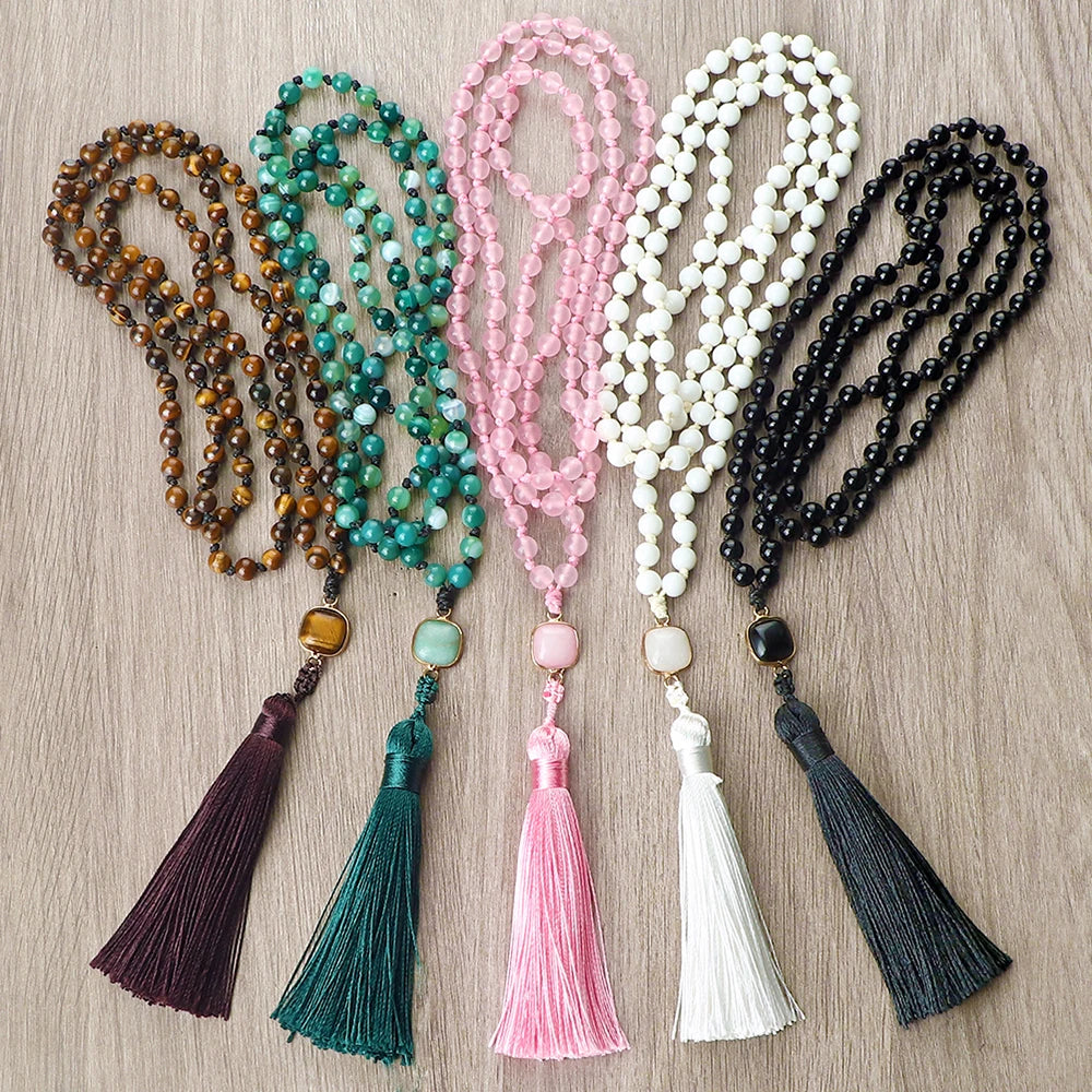 Mala-collar de oración de 108 cuentas, collares de piedra de ónix de ojo de tigre Natural de 6mm, colgante de borla, accesorios cuadrados, joyería de meditación