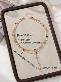 Collar de cruz y mal de ojo de circonita cúbica colorida en capas: cadena de gota en forma de Y, joyería llamativa en tono dorado para mujeres, banquetes