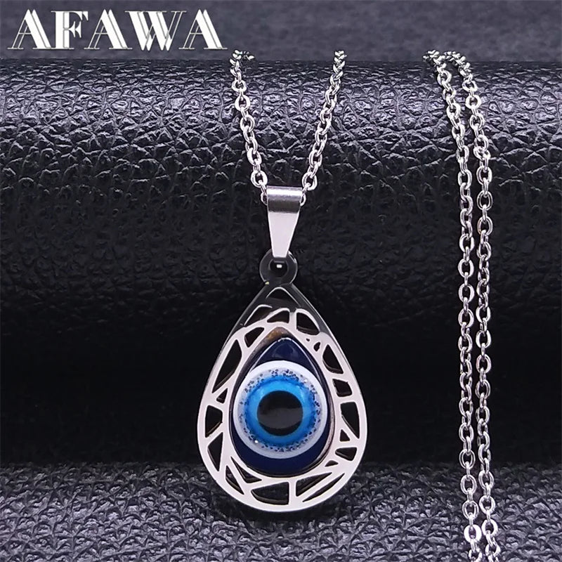 Collar con colgante de ojo azul malvado turco para mujeres y hombres, amuleto de ojos de la suerte de Color plateado de acero inoxidable, joyería de protección N8022S01