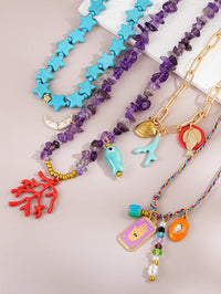 4 piezas de collar bohemio de turquesa con grava irregular apilada, con decoración de coral, luna y ojo de diablo, joyería diaria para mujer en vacaciones.