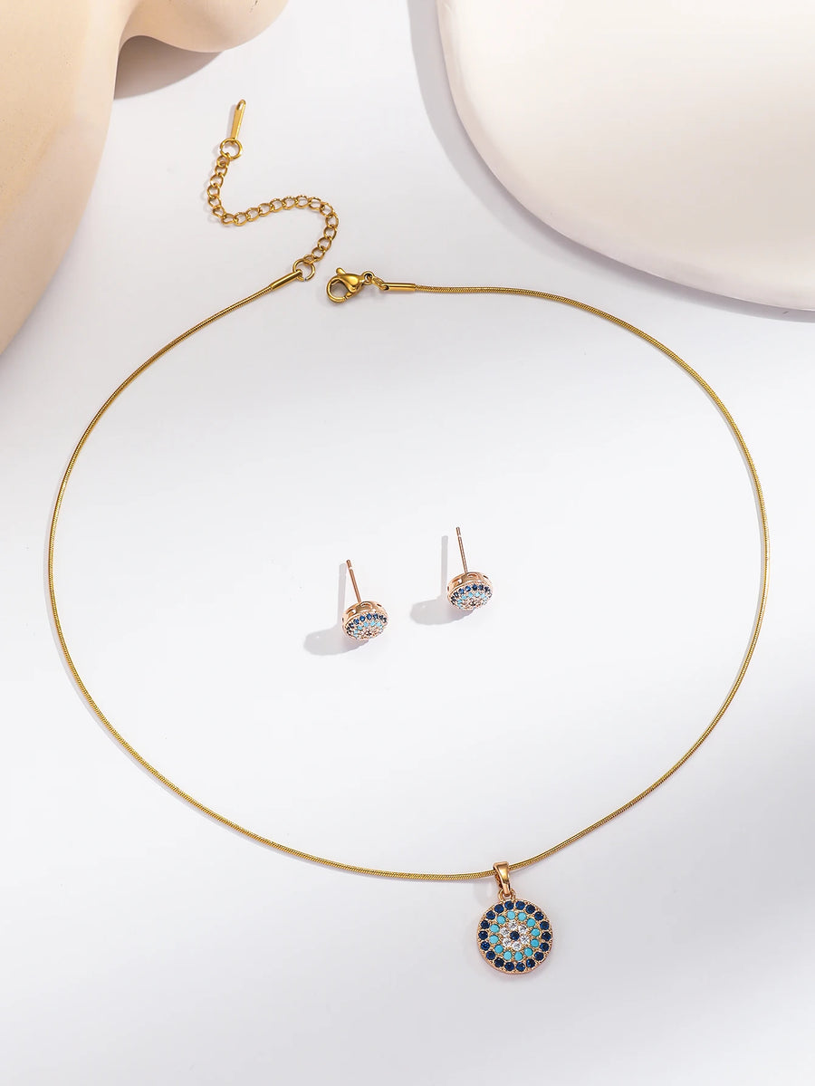 Conjunto de Joyería Bohemia Vintage para Mujer, Collar con Colgante de Ojo Turco Microincrustado en Turquesa, Pendientes de Ojo Turco Microincrustados en Turquesa