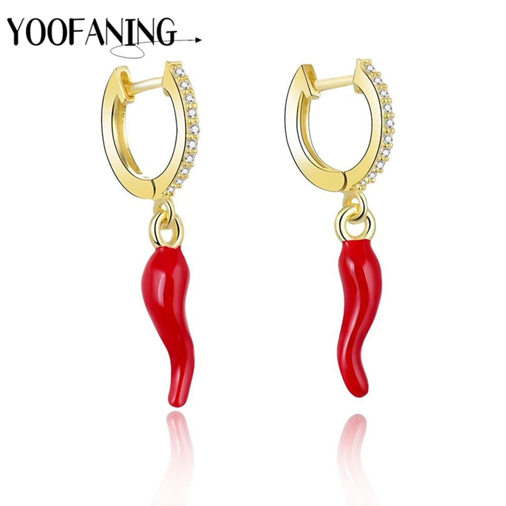 Pendiente de Plata de Ley 925 con forma de corazón para mujer, arete de aro con forma de fresa y Chile, joyería de la serie roja, 2024