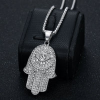 Collar con Colgante de Mano de Fátima Hamsa de Acero Inoxidable con Circonitas y Ojo Turco, Estilo Hip Hop Iced Out Bling, para Mujer y Hombre, Regalo de Joyería