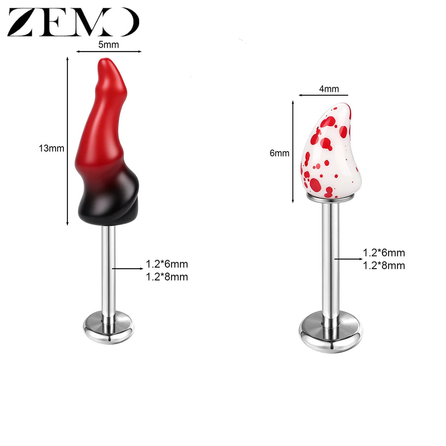 ZEMO 2 piezas/lote 16G Pendientes de tuerca Sipke de acero inoxidable para mujer y niña, con diseño de cuernos de diablo, labret, piercing para labio, oreja de gato, concha, hélice 6/8MM