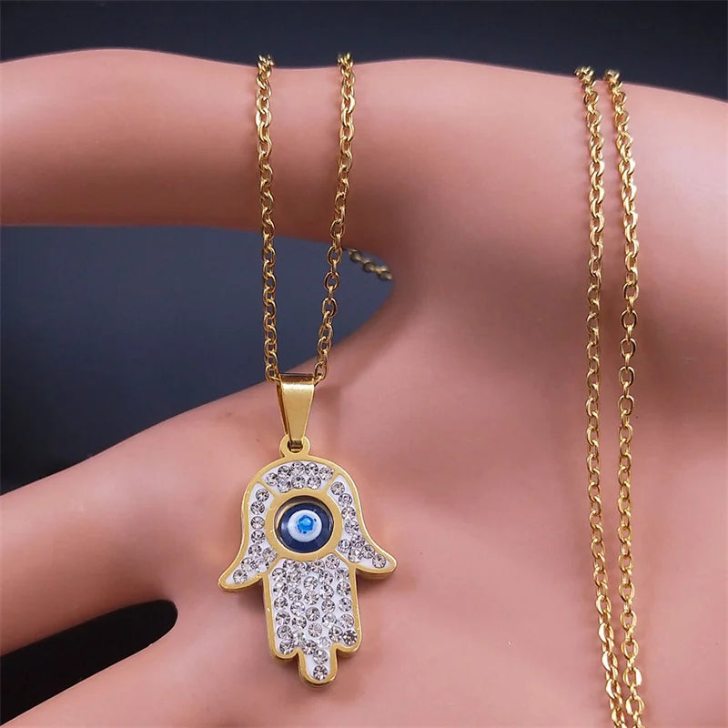 Collar de mano de Fátima de ojo griego para mujeres y hombres, cadena de protección de ojos azul malvado turco de acero inoxidable, joyería islámica N8041S01