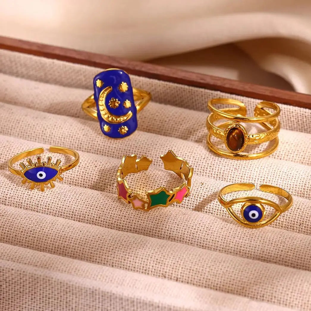 Anillo Ojo Turco Estrella y Luna Retro