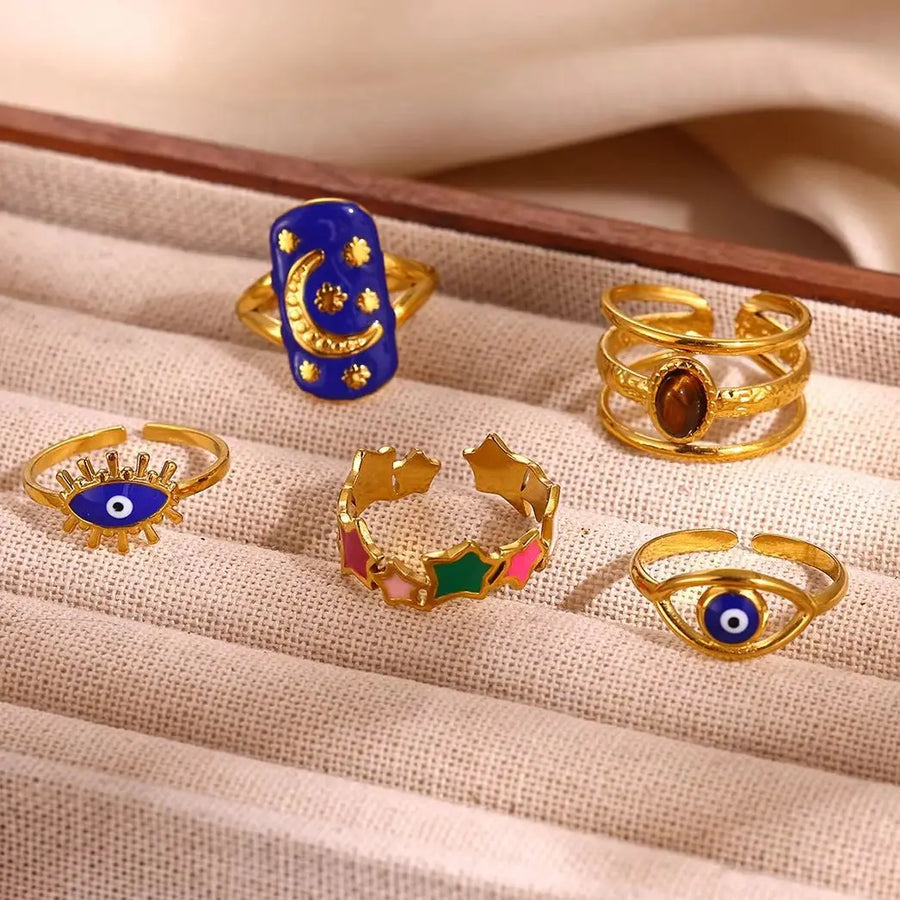 Anillo Ojo Turco Estrella y Luna Retro