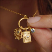 Collar vintage para mujer, chapado en oro de 18k, con amuleto de luna, estrella, sol, ojo turco, múltiples dijes, colgante de joyería DIY con piedra de nacimiento N