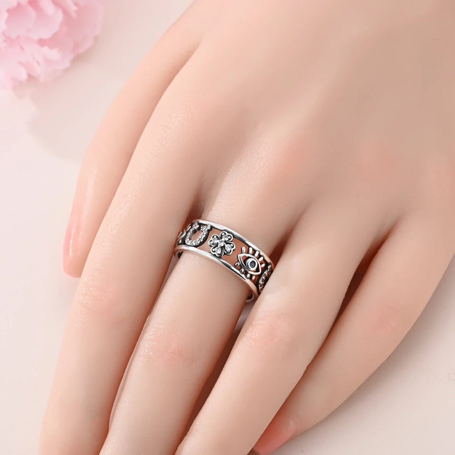Anillo Ojo Turco, Trébol y Herradura Plata 925