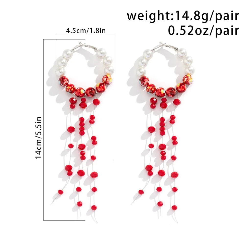 Pendientes colgantes con borlas y cuentas de cristal rojo perla de imitación gótica creativa para mujer, pendientes largos de gota de sangre para Halloween, joyería