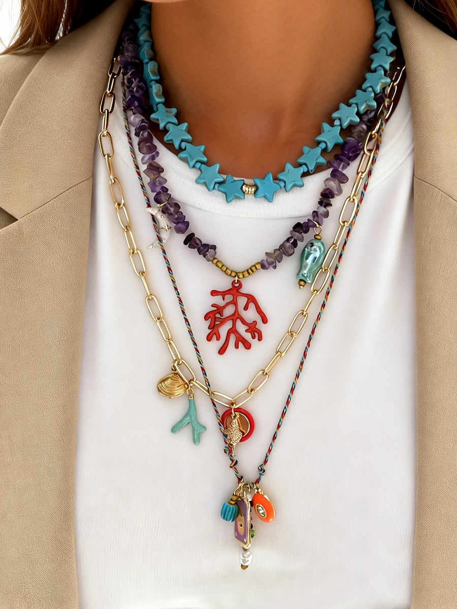 4 piezas de collar bohemio de turquesa con grava irregular apilada, con decoración de coral, luna y ojo de diablo, joyería diaria para mujer en vacaciones.