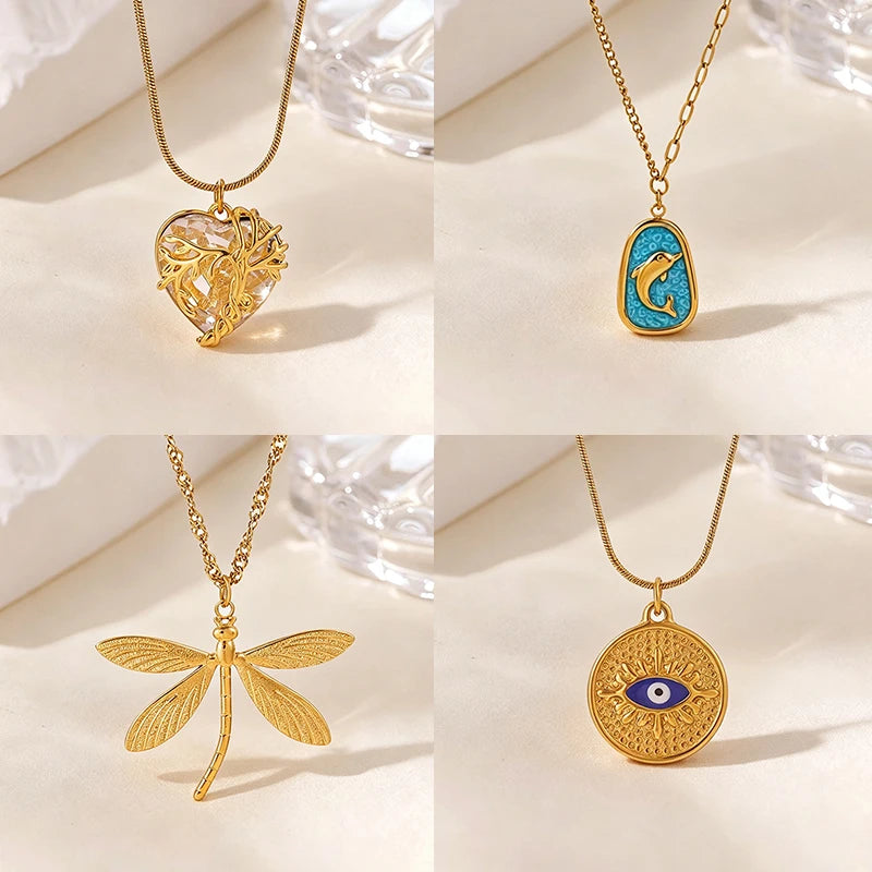 Collares de Lujo con Corazón de Circonio para Mujer, Color Dorado, Collar Redondo con Ojo Turco, Joyería de Moda, Regalos para Todas las Ocasiones