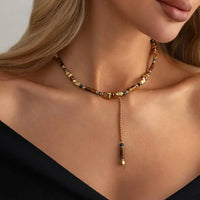 Collar con colgante de cuentas de piedra ojo de tigre de estilo vintage, para mujer, de inspiración bohemia, con diseño irregular en forma de Y y borlas, ideal como accesorio de joyería para fiestas.