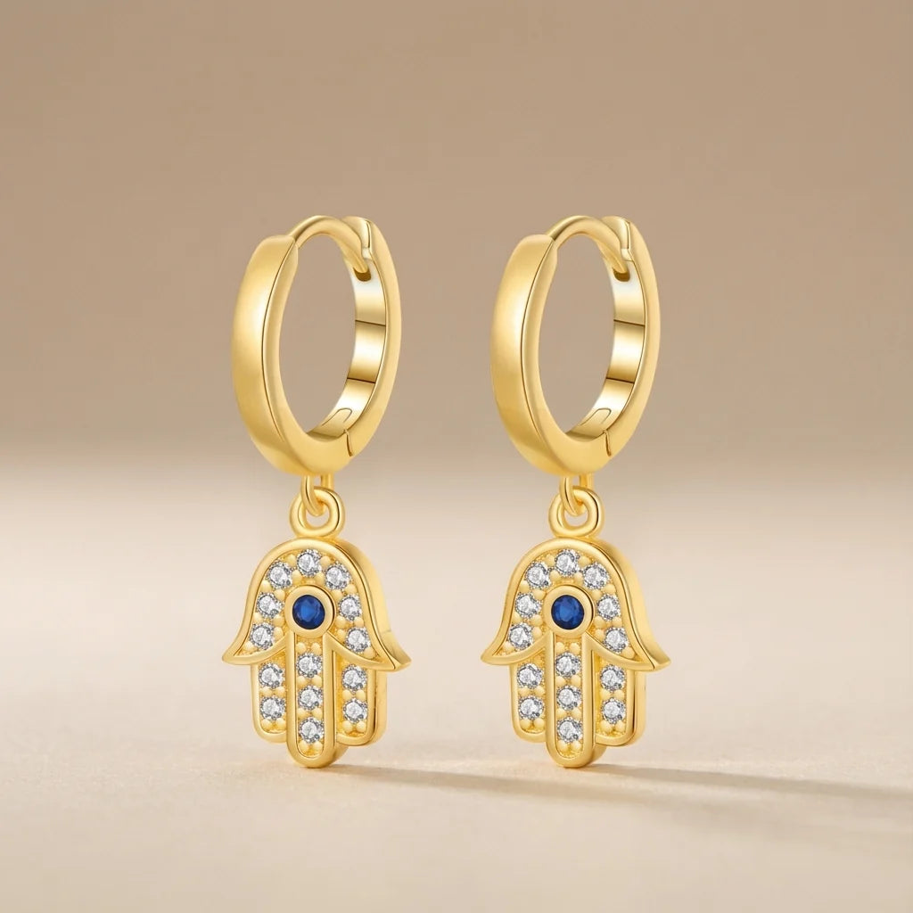 Aretes Mano de Fátima Ojo Turco Milagro Brillante