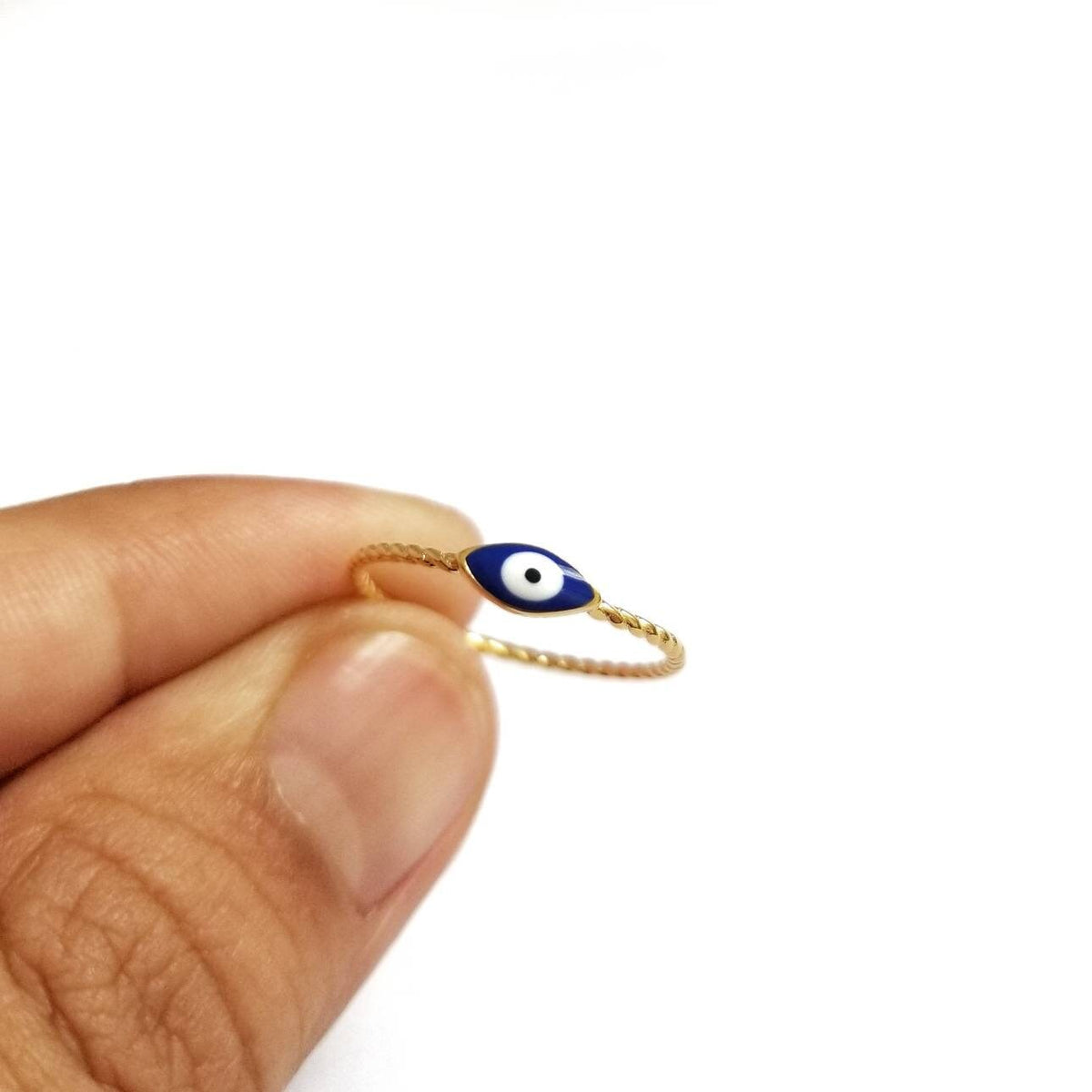 Anillo Ojo Turco Plata 925 Dorada Esmalte Azul Oscuro