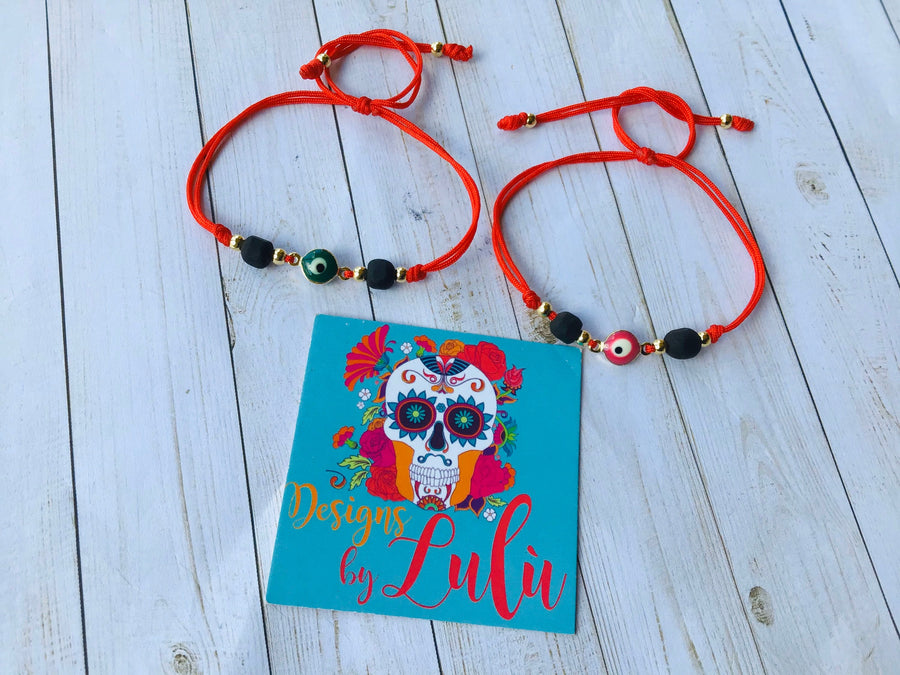 Pulsera Azabache Auténtico y Ojo Turco Hilo Rojo