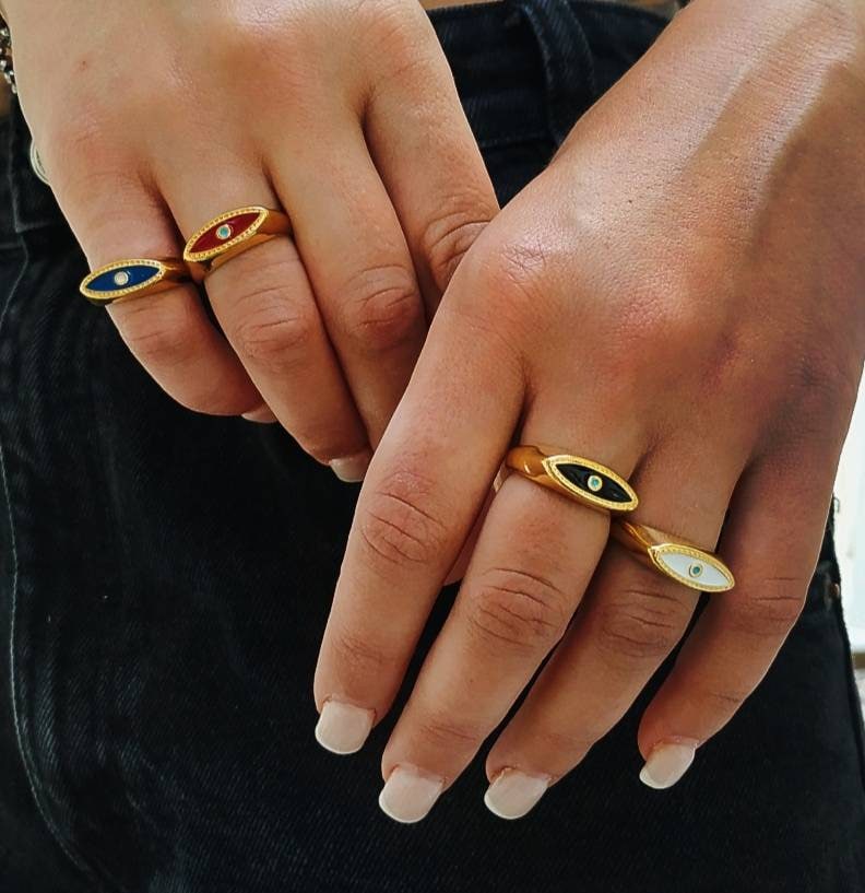 Anillo Ojo Turco Pintado a Mano Azul y Blanco