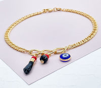 18k Gold Layered Protection Anklet Made With Cuban Link Chain And Featuring 3