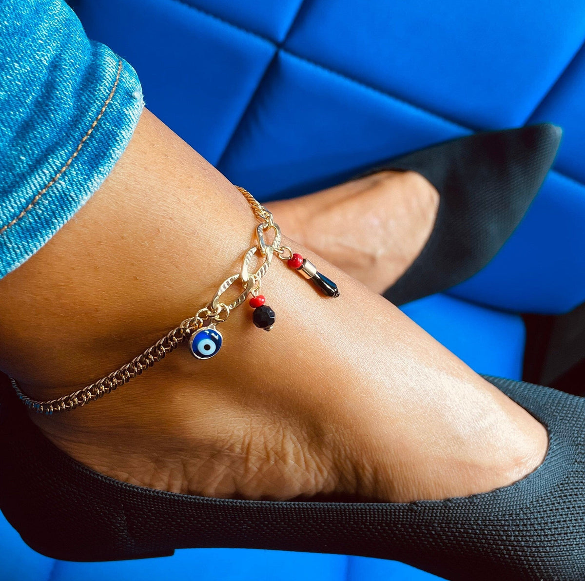 18k Gold Filled Protection Anklet Made With Cuban Link Chain And Featuring 3