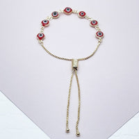 18k Gold Layered Adjustable Evil Eye Bracelet Featuring Slide Clasp