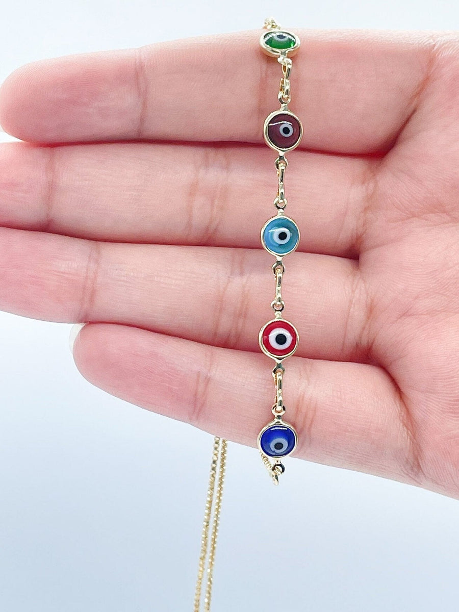 18k Gold Layered Adjustable Evil Eye Bracelet Featuring Slide Clasp