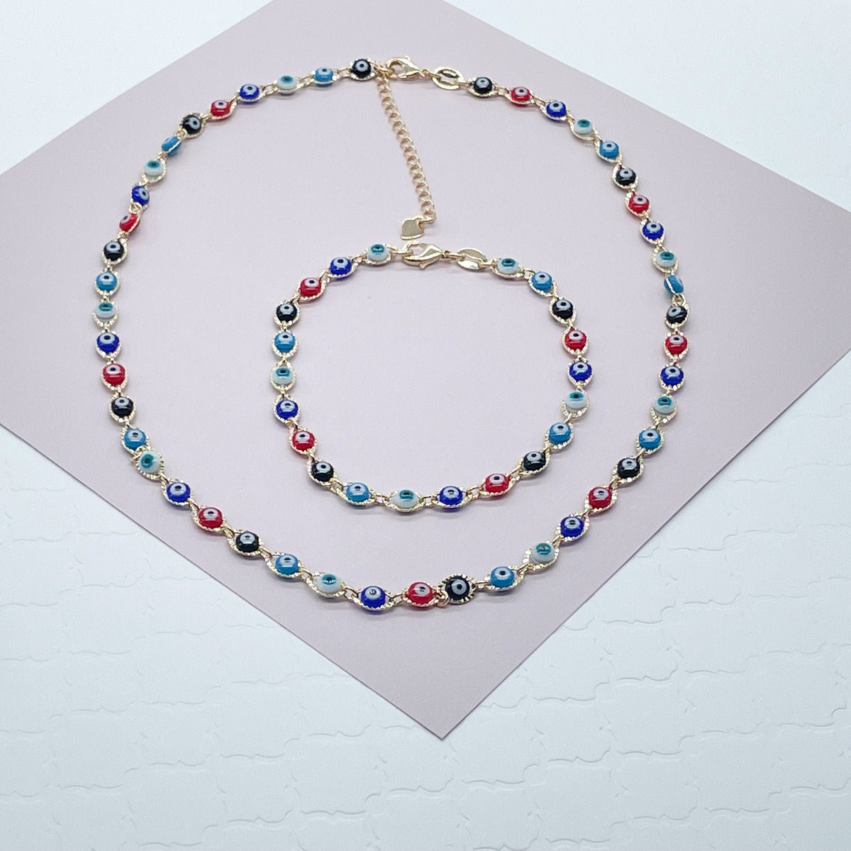 18k Gold Layered Multi Color Evil Eye Bracelet Necklace Set